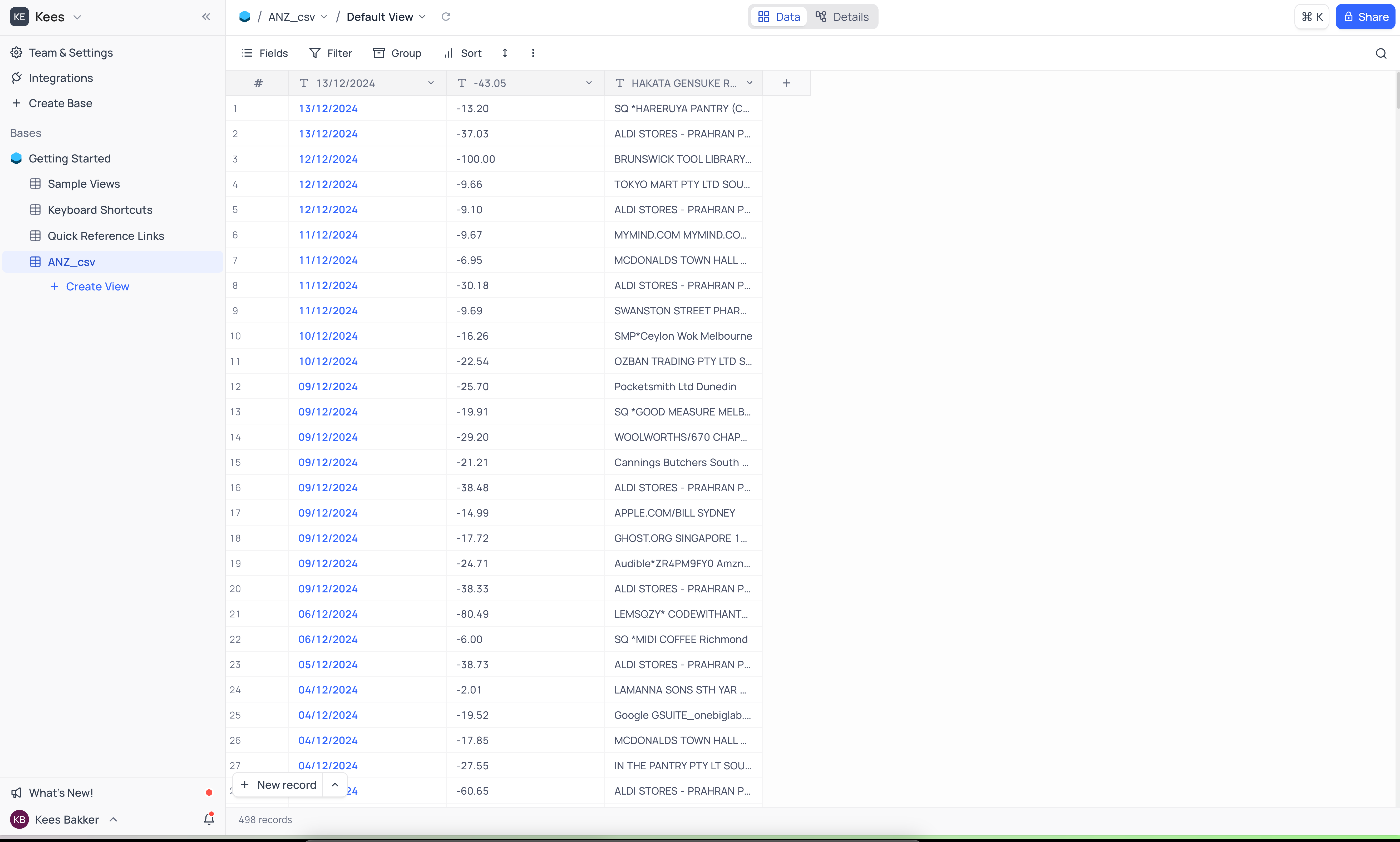 NoCoDB database view showing transaction data organised in columns